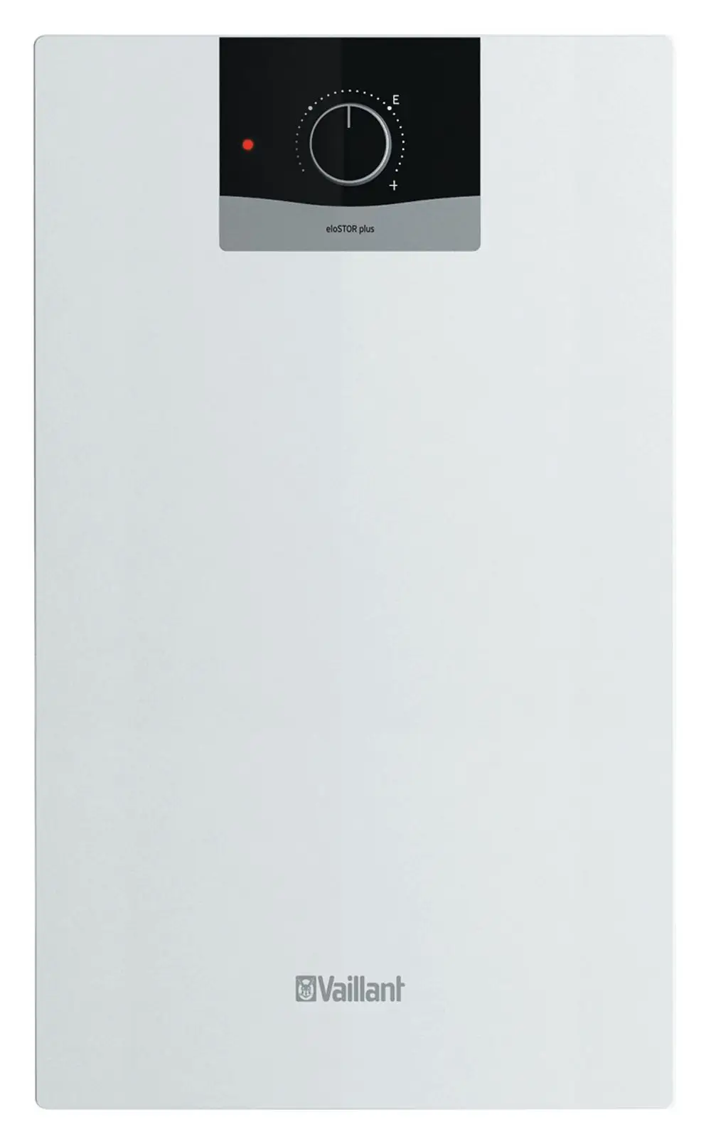 Elektro-Speicher von Vaillant in Weiß mit Drehregler und Kontrollleuchte oben. Das Produkt ist für den Untertisch-Einsatz konzipiert.